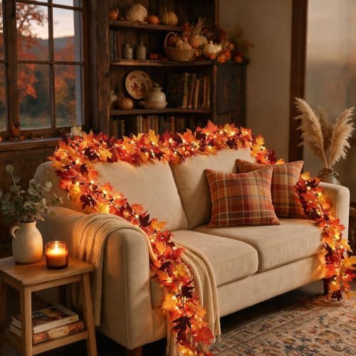 2Pack 9Ft 50 LED Maple Leaf Garland Battery Operated with Timer,8 Modes Waterproof Fall Decorations for Home Fall Garland with Lights for Fall Thanksgiving Table Harvest Home Indoor Decorations