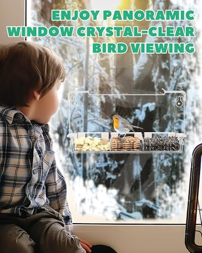 Clear Window Bird Feeder Outdoors - Bird Feeder for Viewing with 5 Perching Stands, Self-Adhesive Hooks, Drain Holes and Removable Tray, as a Birdhouse, Garden Decor