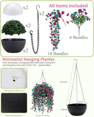 2 Pack Artificial Hanging Flowers Basket Set, Cascading Morning Glory
