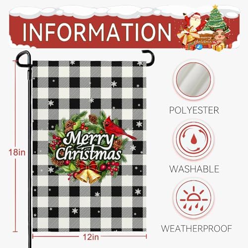 Xmas Garden Flag 12x18 Inch Black White Buffalo Plaid Small Flags for Outside Winter Holiday Welcome Garden Flags Double Sided Christmas Decor for Outdoor Garden Yard