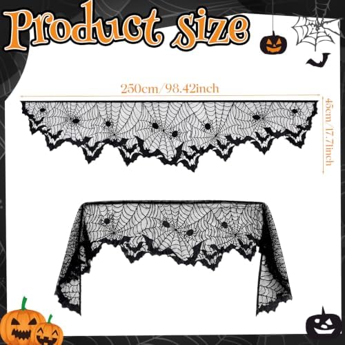 Black Lace Cobweb Halloween Fireplace Mantel Scarf Cover Decor, 18x96 in