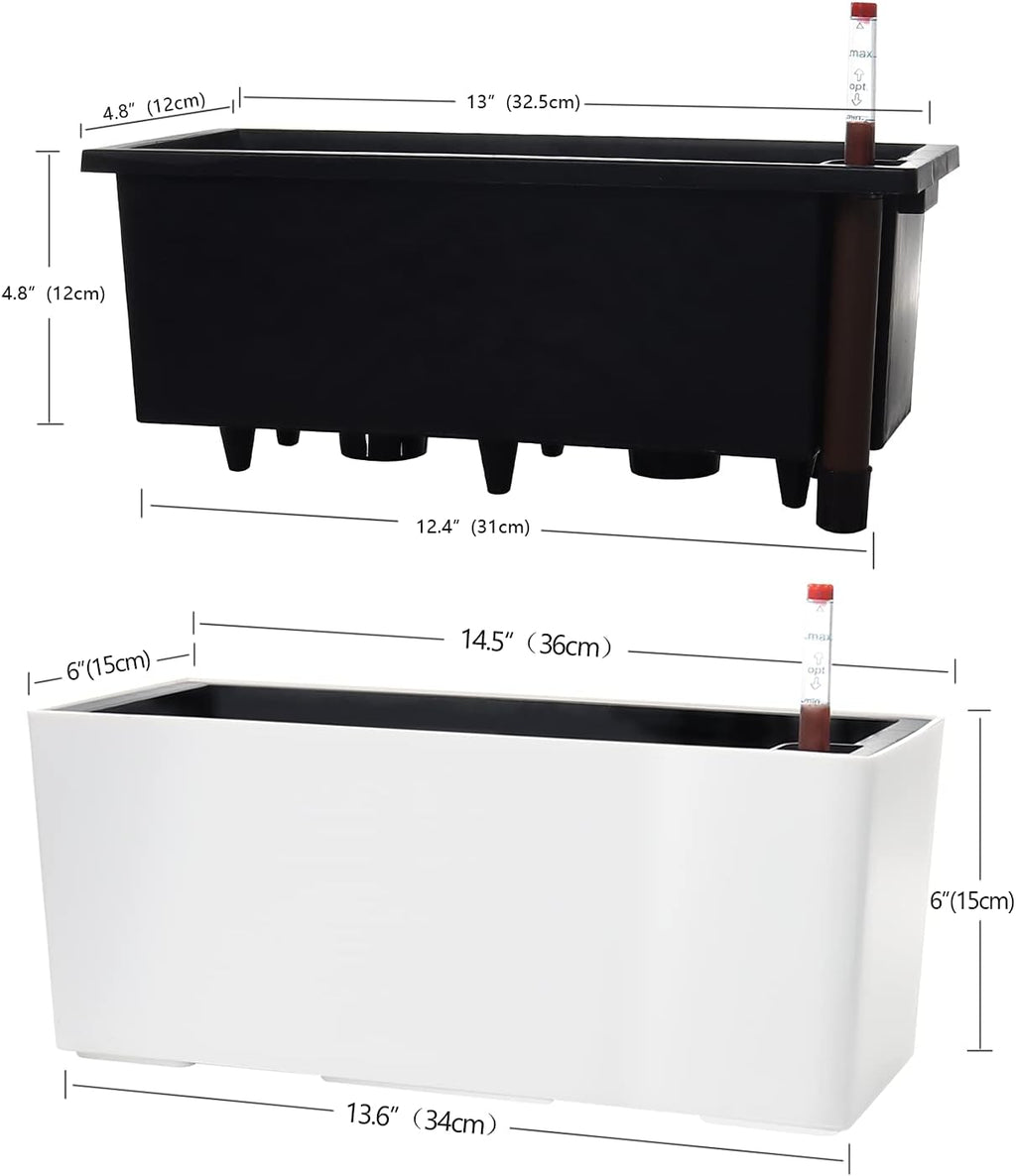 SAROSORA 14" Self Watering Planter Pots with Water Level Indicator, Rectangle Matte Plastic Window Box for Indoor