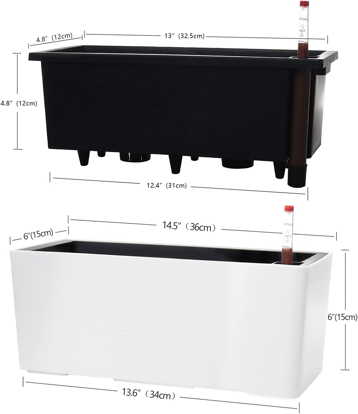 SAROSORA 14" Self Watering Planter Pots with Water Level Indicator, Rectangle Matte Plastic Window Box for Indoor