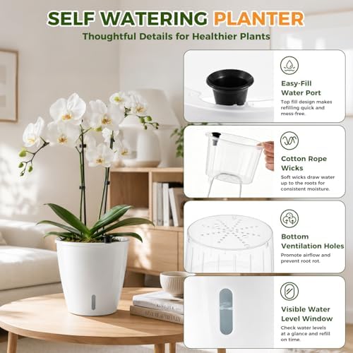 Upgraded Self Watering Pots for Indoor Plants, 6-Pack 6.7 Inch Top-Fill Self Watering Planter with Water Window, Orchid Pots, Clear Wick Inner Basket with Drainage, White
