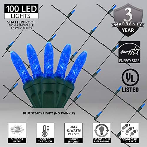 Wintergreen Lighting 100 Blue M5 LED Christmas Net Lights, 4 x 6 ft Green Wire Indoor/Outdoor Commercial Grade Christmas Bush, Shrub & Hedge Lights
