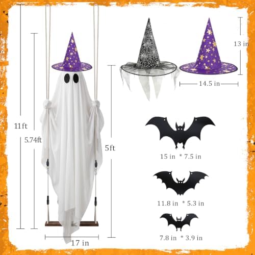 Halloween Ghost Decor with Bat & Hat - 11 FT Large Hanging Swinging Ghost