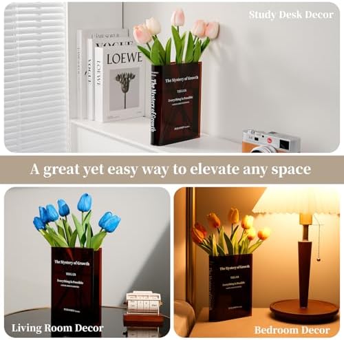 Book Vase for Flowers - Aesthetic Room Decor for Modern Home/Office，Brow