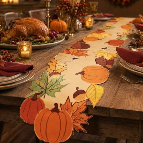 13x72In Fall Thanksgiving Embroidered Table Runner with Pumpkin Maple Leaf