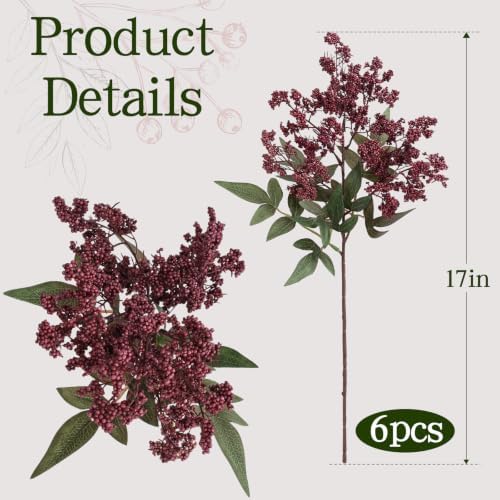 6 Pcs 17'' Artificial Nandina Berry Stems Burgundy Faux Branches Home Decor