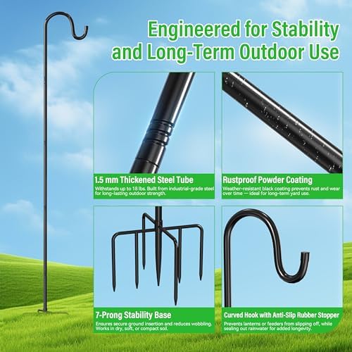 76″ Adjustable Shepherd Hook for Outdoor, Heavy Duty Bird Feeder Pole with 7-Prong Base, Metal Garden Hook for Hanging Lanterns Solar Lights String Lights Plants Wind Chimes Hummingbird Feeder（2‑Pack）