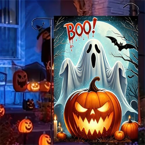 BlissYard Halloween Ghost Pumpkins Garden Flag 12x18 Inch Polyester
