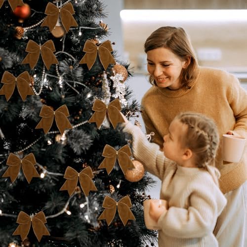 Janinka 12 Pcs Brown Christmas Velvet Bows 6" Rustic Tree Wreath Gift