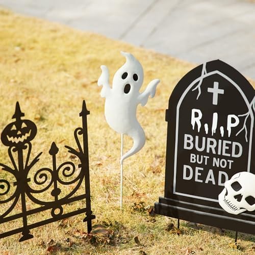 Glitzhome 24"H Set of 5 Halloween Metal Graveyard Tombstones Yard Stakes, Ghost Scary Yard Signs for Outside Lawn Garden Halloween Wall Decorations