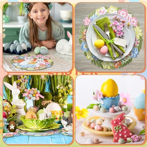 6 Pcs Easter Embroidered Placemats Double Layer Applique Bunny Egg Floral Placemat for Home Dining Holiday Easter Spring Table (Bunny, Egg, 14 x 14 Inch)
