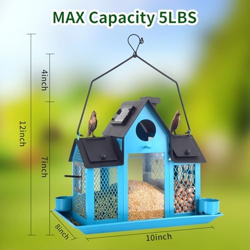 Solar Bird Feeders House for Outside Hanging, Metal Wild Bird Feeder for Outdoors, Large Cardinal Bird Feeder Birdhouses Squirrel Proof (Blue)