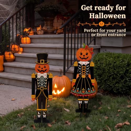 Geelin 2 Pack Halloween Metal Garden Stakes, Pumpkin Nutcracker Couple