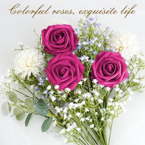BLEUM CADE 16Pcs Artificial Flowers Fake Foam Roses with Stems for Wedding