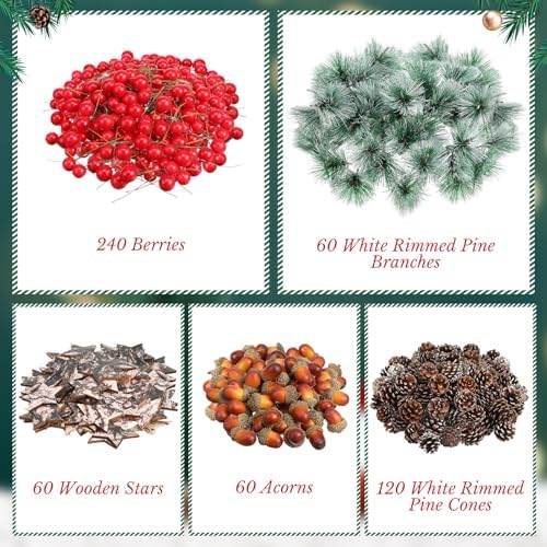 Riceshoot 540 Pcs Christmas Picks and Sprays Pine Cone Berries Set