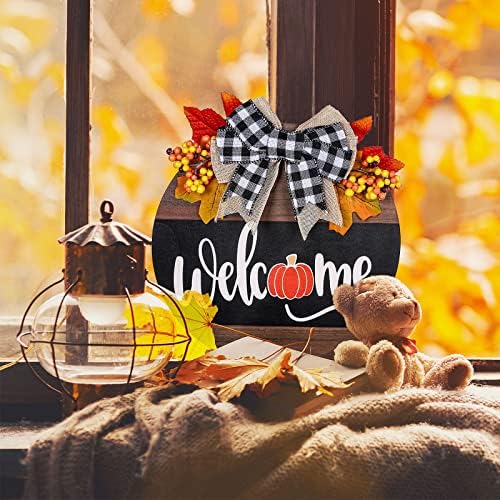 Whaline Fall Thanksgiving Welcome Sign Farmhouse Wooden Hanging Sign with Bow Artificial Berries Rustic Wood Door Hanger for Autumn Harvest Holiday Home Office Window Decoration