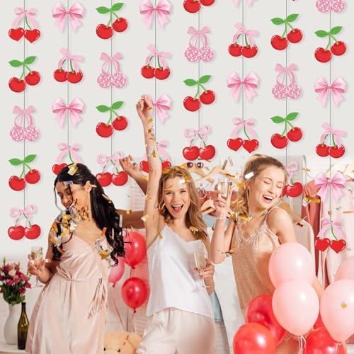 Xinnun 8 Pcs Cherry Party Decorations Pink Bow Hanging Banners Garland