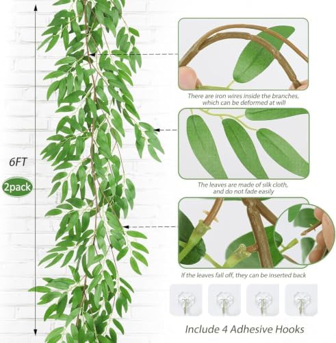 RECUTMS Artificial Silk Willow Leaves Twig Garland 2Pc 6Ft Light Green Vine