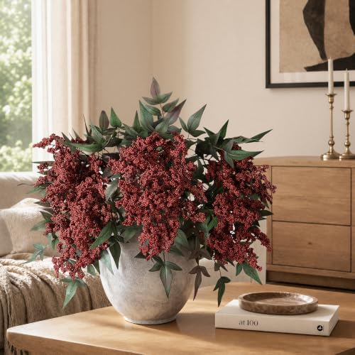 Artificial Flowers 35 Inch Artificial Nandina Berry Stem 3 Pcs Faux Flowers for Vase Realistic Sedum Spray for DIY Bouquet, Shower, Farmhouse, Mantel, Home Decor(Burgundy)