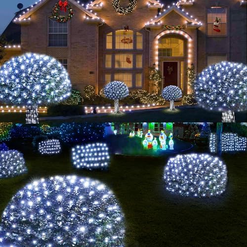 WBao Christmas Net Lights, 200LED 8.4ft x 5.2ft Christmas Lights with 8 Modes, Timer, End to End Connectable, Waterproof Design for Lawn, Bushes, Trees Outdoor Xmas Decorations, Cool White