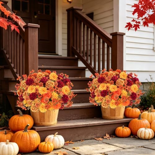 12 PCS Artificial Fall Flowers for Outdoors, UV Resistant Fake Mums