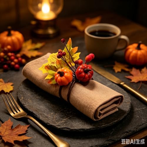 12 PCS Fall Napkin Rings Thanksgiving Napkin Rings Fall Napkin Holder Buckles with Maple Leaves Berries Autumn Harvest Table Decor for Dinner Party Banquet Wedding
