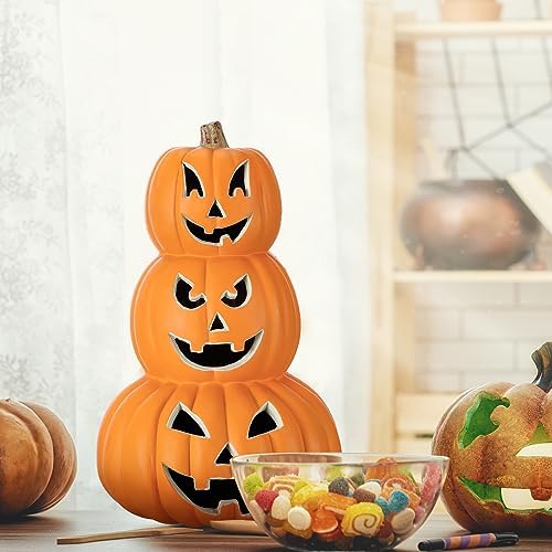 3 Tier 14" Halloween Stacked Pumpkin Decor, Jack O Lantern with LED Lights