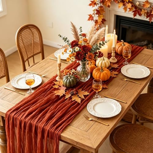 6Pcs Fall Table Runner, 10FT Thanksgiving Cheesecloth Table Runner 35*120inch Terracotta Table Runners for Fall Wedding Baby Shower Friendsgiving Thanksgivig Home Kitchen Table Decorations
