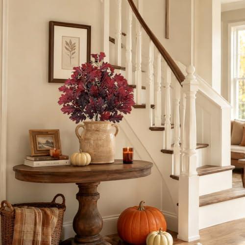 Faux Oak Leaf Branches with Acorns, 2Bundles Fall Stems for Vase, Burgundy