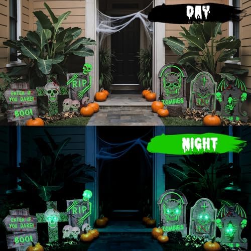 6 Pack Halloween Decorations, Glow in the Dark Tombstones Outdoor Decor