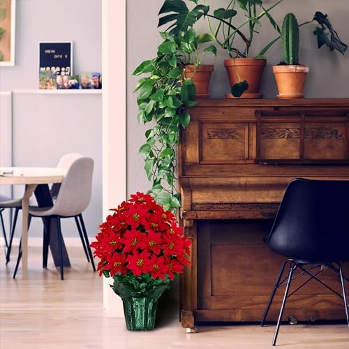 Sympathy Silks Rubys Silk Flowers - 24" Artificial Red Poinsettia Flower Bouquet – 5 lbs Weighted Pot – 24" Tall and 18" Wide – Perfect Size for Christmas Decor, Home, Office, or Memorial