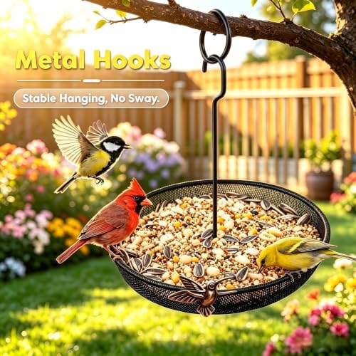 KiRuan Hanging Bird Feeder Tray, Metal Mesh Platform Feeders for Small Wild Birds, Mesh Bird Feeders for Outdoors, Easy to Refill and Clean (Chain and Hook Bird Feeder Tray)