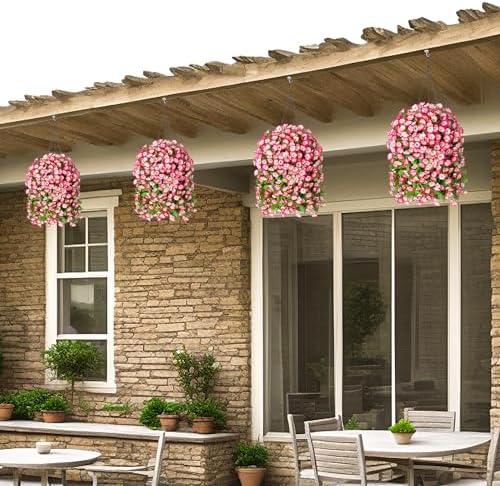 Ammyoo Artificial Faux Hanging Flowers Basket for Spring Outdoor Decor