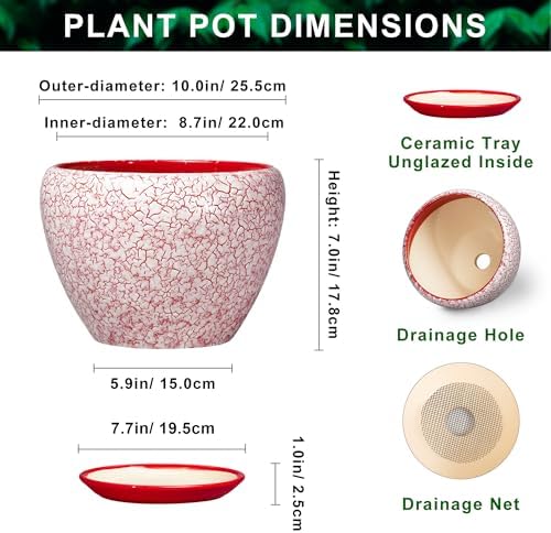 10 Inch Pots for Plants, Ceramic Planter Pots, Crackle Red