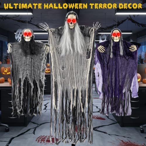 Halloween Decorations Outdoor, 3 Pack Glowing Eyes Hanging Skeleton Ghosts