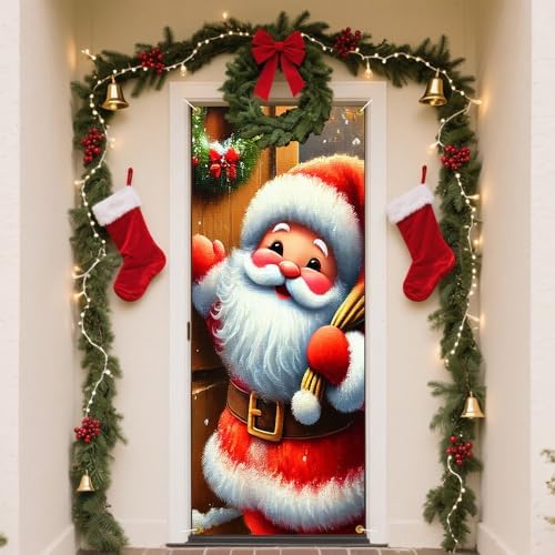 Chibi Santa Knocking Door Gift Sack Lantern Door Cover 35x71in