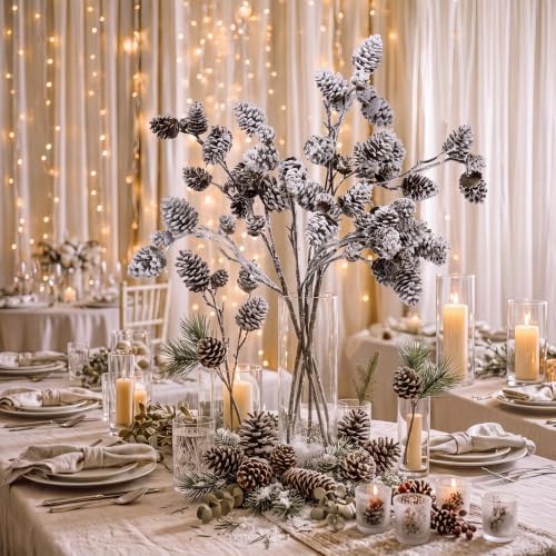 Wavwavw 6 Pcs Snowy Flocked Pinecone Picks 24.8 Inch Artificial Pinecone