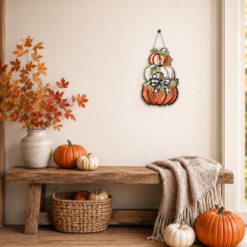 Smile Fall Wooden Door Hanger Stacked Pumpkins and Plaid Bow