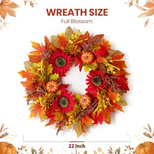 Fall Wreath for Front Door, Autumn Thanksgiving Sunflower Wreath Fall Decor