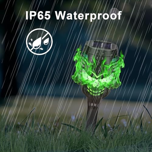 8 Pack Solar Halloween Lights Outdoor, Green Skull Torch Lights