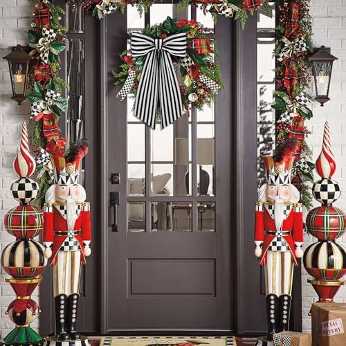 2 Pack Boxwood Wreath Sash Garland for Front Door Porch Decor (Black and White Stripe)