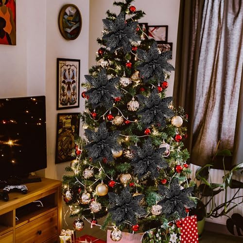 Childom 15 PCS Black Artificial Poinsettia Flowers with Clips,Christmas Decorations Glitter Poinsettia Christmas Ornaments Xmas Tree Flower with Stems DIY Xmas Wreath Home Holiday Party Supplies