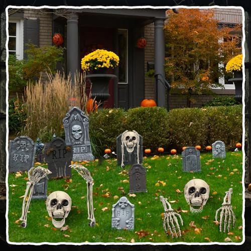 Chunful 9 Pcs Halloween Skeleton Stakes Decoration, Skull Head Arms, White