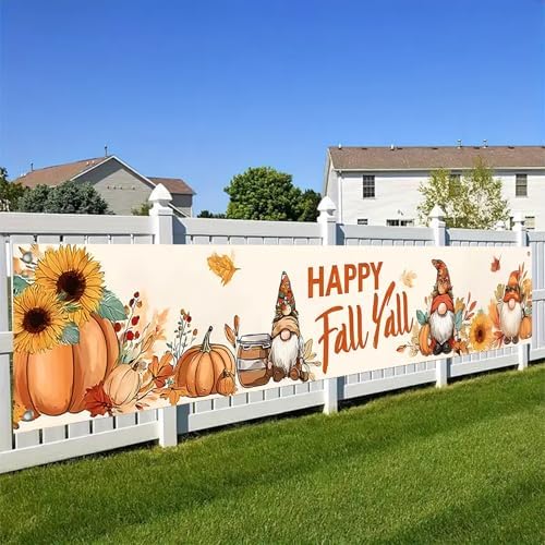 BlissYard Happy Fall Y'all Gnome Banner for Outside 118 x 20 Inch