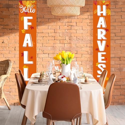 Fall Harvest Banner Porch Sign Autumn Pumpkin Porch Hanging Banners for Fall Thanksgiving Indoor Outdoor Home Office Farmhouse Decorations, 12 x 71 inch