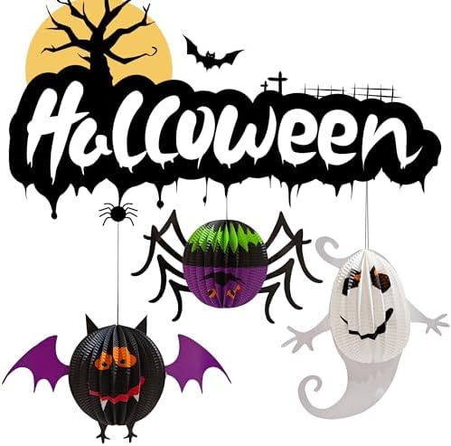 AIMI Halloween 3D Hanging Paper Lanterns 6 Pack Pumpkin Spider Ghost Bat