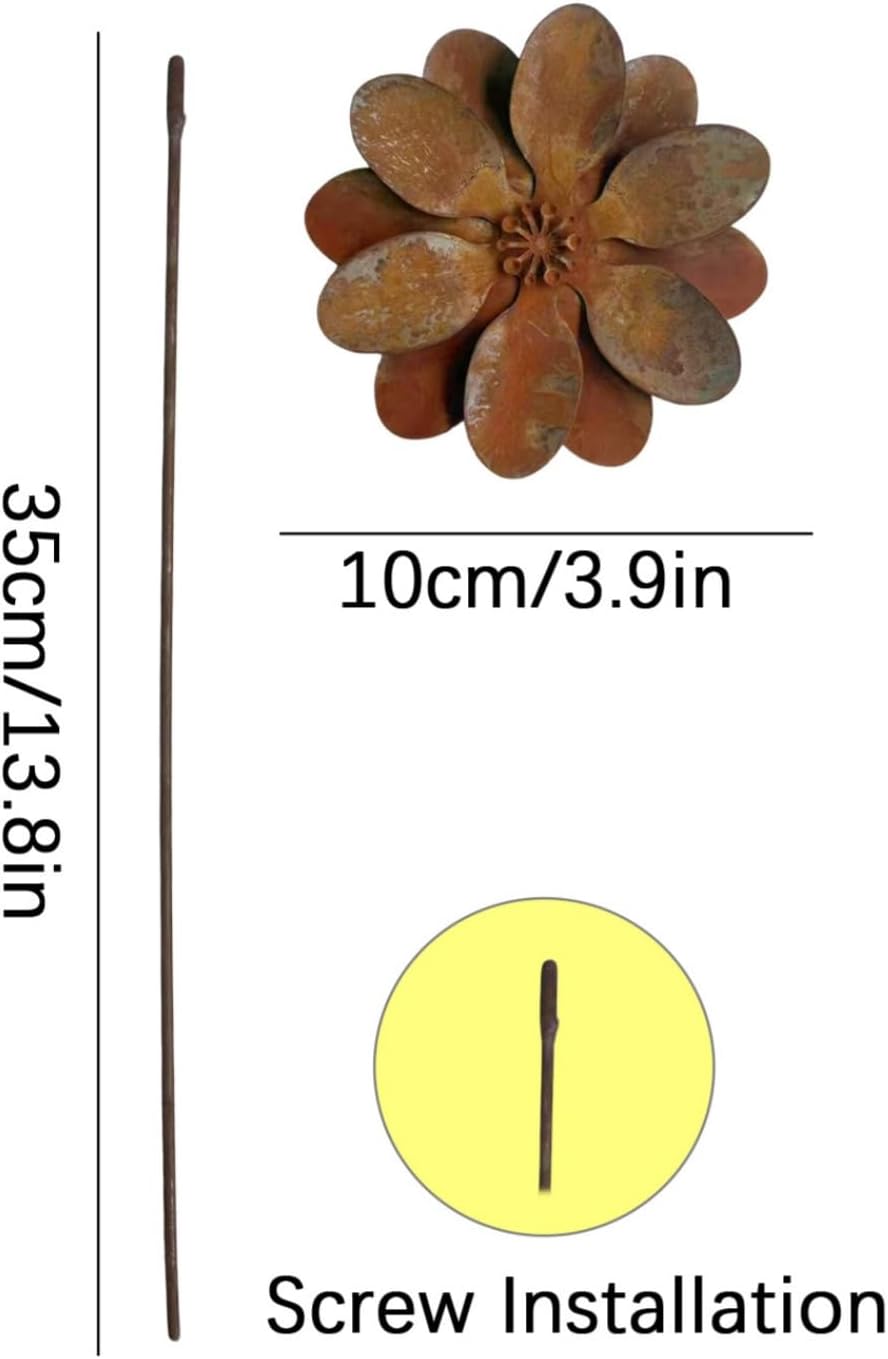Rustic Metal Coneflower Garden Stakes, Set of 3, Rusted Iron Daisy Yard Art, 14x4 Inch, Weather-Resistant Lawn Pathway